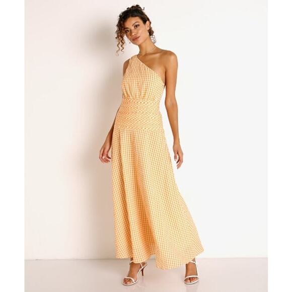 NWOT Peony One Shoulder Gingham Orange & White Midi Dress Mandarin Sz L - Picture 1 of 10